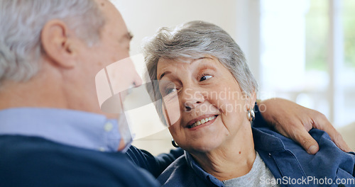 Image of Home, hug and senior couple with conversation, love and retirement with happiness, romance and relax. Romantic, old man and elderly woman embrace, marriage and relationship with joy, resting and talk