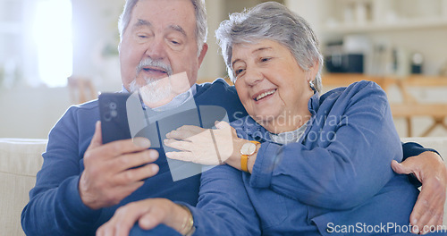 Image of Home, typing and senior couple with smartphone, love and connection with social media, speaking and post. People, mature man and old woman with cellphone, online reading and website information