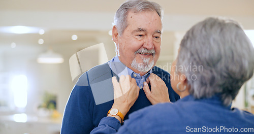 Image of Dressing, shirt and senior couple in their home with love, care and help getting ready together. Retirement, support and old woman adjusting clothes, collar or outfit of man while bonding in a house