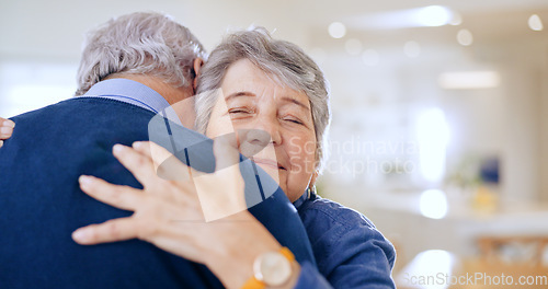 Image of Happy, love or old couple hug in home to relax for connection, support, bond with smile. Trust, comfort or elderly people in marriage, house or retirement with commitment, care or affection together