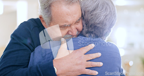 Image of Comfort, love or old couple hug in home to relax for connection, support, bond with peace. Trust, sorry or elderly people in marriage, house or retirement with commitment, care or affection together