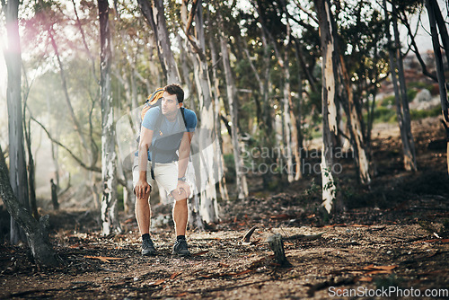 Image of Im a bit out of breath. a carefree young man taking a quick break from hiking up a mountain during the day.