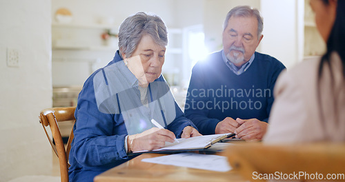 Image of Will, paper or old couple with contract to sign application or writing on document for life insurance. Senior people, lawyer or client signature for legal form compliance or title deed agreement