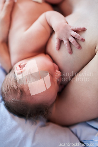 Image of Making sure my little human stays healthy and strong. unrecognizable woman breastfeeding her newborn daughter in hospital.