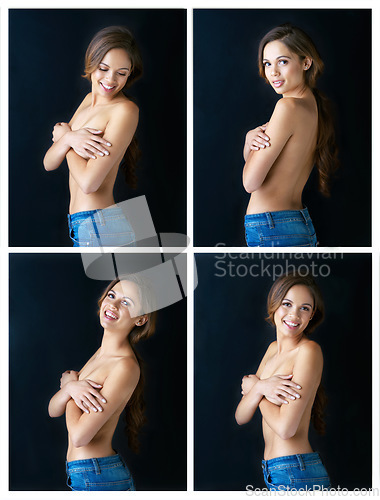 Image of Transfer your skin into a beautiful canvas. Composite shot of a beautiful young woman posing against a black background.