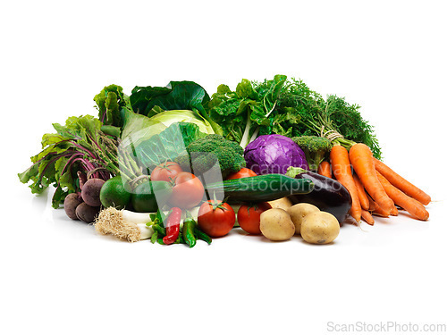 Image of All the options for a healthy meal. Studio shot of a pile of fruit and vegetables against a white background.