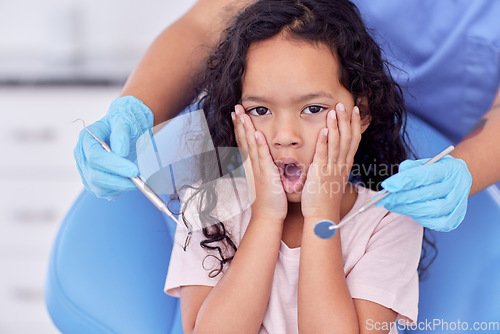 Image of Happiness is your dentist telling you it won’t hurt. a little girl looking shocked at the dentist.