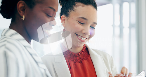 Image of Business, colleagues and women or collaboration smile communication, planning or teaching together. Female people, work mentor and support for advice research or training, helping or happy discussion