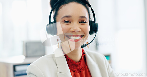 Image of Call center, woman and portrait with smile, consulting and agent in customer service, headphones or microphone. African person, tech support and happy for FAQ, sales lead and telemarketing with voip
