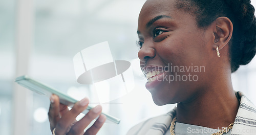 Image of Black business woman, phone and voice note in office, communication and conversation. African person, employee and call on mobile smartphone, recording ideas or discussion on loudspeaker at workplace