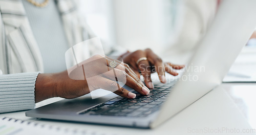 Image of Hands, laptop keyboard and business person, administration or receptionist typing online calendar schedule. Closeup, research and secretary working on company feedback, review or update agenda info