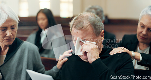 Image of Sad, funeral and elderly man crying in church for God, holy spirit or religion in Christian community cathedral. Tissue, grief or support for upset senior person in chapel for emotional pain and loss