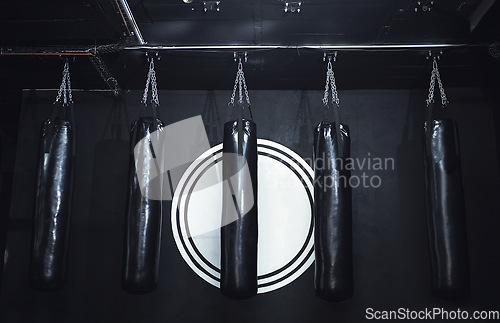Image of Let the gains begin. Still life shot of a row of punching bags in a gym.