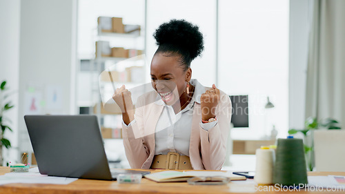 Image of Happy black woman, laptop and fist pump in winning celebration, promotion or bonus at office. Excited African female person smile on computer for good news, achievement or sale discount at workplace