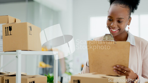 Image of Happy black woman, box and checklist in logistics for inventory inspection, schedule delivery or courier service. African female person smile in small business or storage management at boutique store