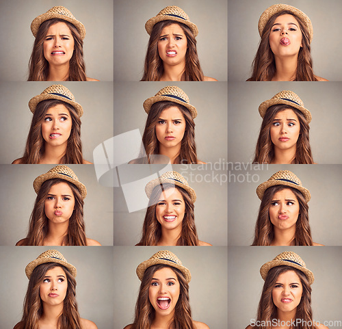 Image of Different faces for different feelings. Composite studio image of an attractive young woman making various facial expressions against a gray background.