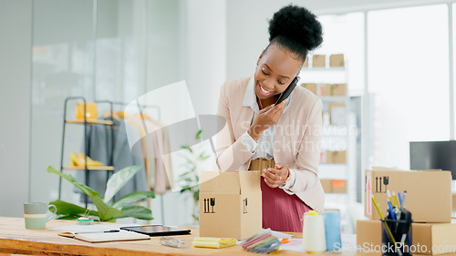 Image of Boxes, small business or black woman on a phone call for order, supply chain or check inventory. Customer service, contact us or African entrepreneur on mobile communication speaking of delivery