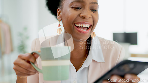 Image of Laugh, happy and black woman with phone in office for social media, text or meme on coffee break. Smartphone, comic or African lady entrepreneur with tea online with funny, chat or gif communication