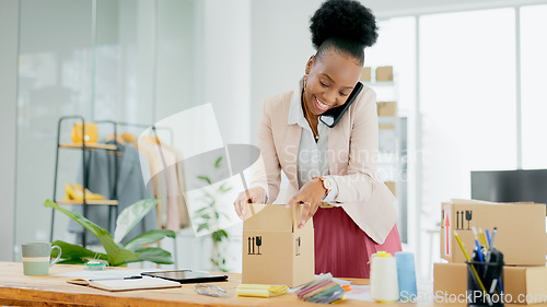 Image of Box, small business or happy black woman on a phone call for order, supply chain or check inventory. Customer service, contact us or African entrepreneur on mobile communication speaking of delivery
