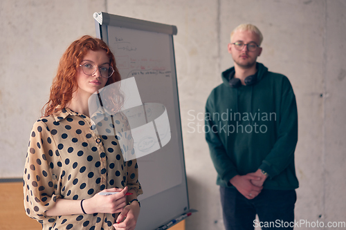 Image of Young entrepreneurs confidently present their project to their colleagues, showing teamwork, innovation and ambition.