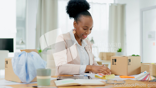 Image of Happy black woman, fashion designer and box in small business planning or logistics at boutique store. African female person smile for clothing package, parcel or cargo in delivery or courier service