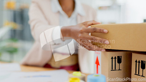 Image of Hand, person and box for distribution, shipping and small business owner in export and cargo delivery. Supply chain, closeup and package from supplier, e commerce and logistics industry with courier