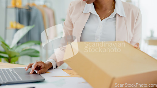 Image of Hand, laptop and person, box for distribution or shipping, check stock list for small business owner and delivery. Supply chain, inventory and package from supplier, e commerce courier and logistics