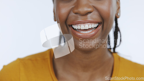 Image of Black woman, mouth and teeth with smile for dental, healthcare and happiness with hygiene on white background. Closeup for oral care, orthodontics and fresh breath, clean and wellness in studio