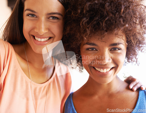 Image of All smiles when friends hang out. two girlfriends hanging out together.