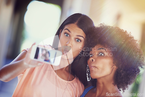 Image of Crazy memories worth remembering. two girlfriends taking a selfie on a mobile phone.