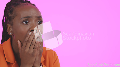 Image of Woman, hands and face with horror news with fear emoji, wow and scared in studio by pink background. Black model, confused and terror with secret information in anxiety, gossip and mistake in mockup