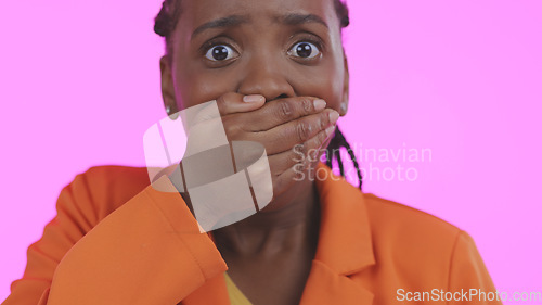 Image of Black woman, hand over mouth with shock or surprise, drama or secret news with gossip isolated on pink background. Wow reaction for info, expression in portrait and alarm with fear in a studio