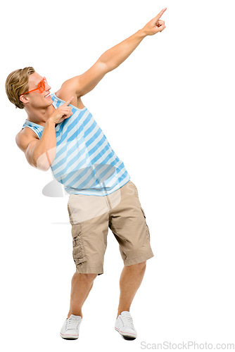 Image of Lets get this summer going in full swing. Full length shot of a handsome young man standing alone in the studio and pointing at a promotion.