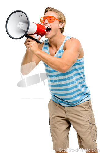 Image of Is this loud enough for everyone. a handsome young man standing alone in the studio and using a megaphone.