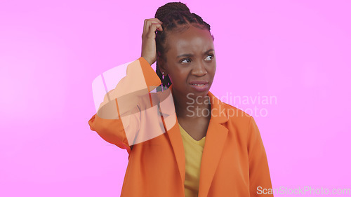 Image of Confused, doubt or question with a black woman scratching her head in studio on a pink background. Thinking, frustrated or remember and a young person with a memory, problem or unsure decision