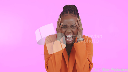 Image of Woman, scream and hands on face for stress, overwhelmed and burnout in studio by pink background. Black female model, shout and angry or bipolar, frustrated and anxiety or pain from trauma in mockup