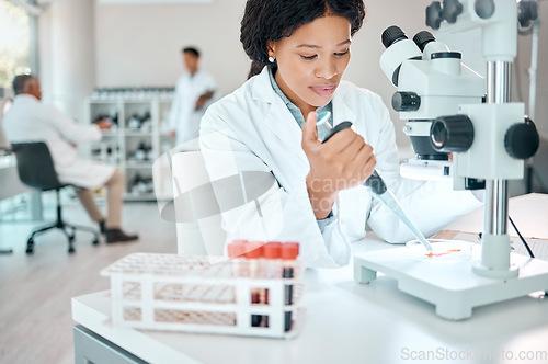 Image of Lets get down to science. a young scientist working with samples while using a microscope in a lab.