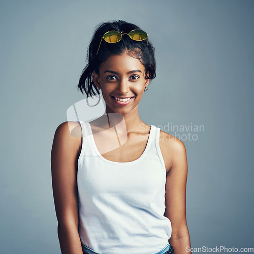 Image of I always try and be myself. Studio portrait of a beautiful young woman posing against a grey background.