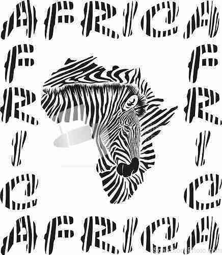 Image of Africa map, background with text, head and zebra texture