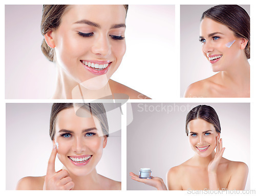 Image of Moisturize, it does wonders. Composite image of a beautiful young woman applying moisturizer against a grey background.