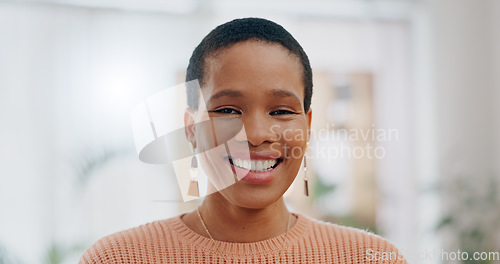 Image of Happy, black woman and portrait in a home with confidence and smile in a living room. New house, excited and funny joke with a relax African female person from Ghana in a lounge at morning with joy