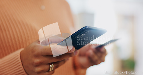 Image of Credit card, hand and person with phone for online shopping, ecommerce and credit score check. Savings, home and typing password and internet app on a mobile for sale payment and deal in a house