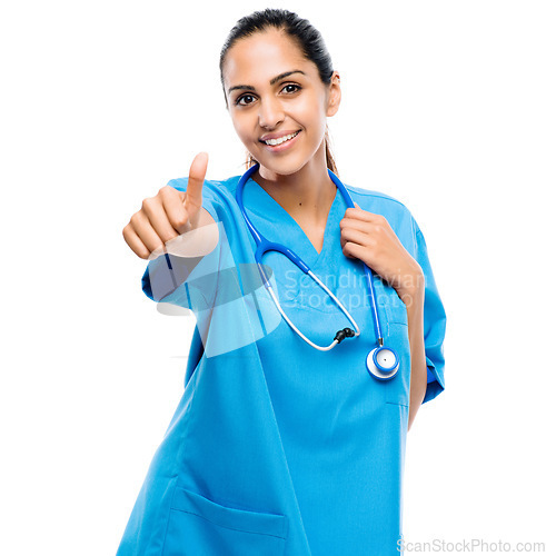 Image of Youre safe in her hands. a female doctor giving the thumbs up against a studio background.