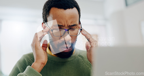 Image of Man, stress or temple at laptop work deadline, thoughts or headache. Black person, hand massage or tired overworked thinking at office or email anxiety job burnout depression, frustrated or overwhelm