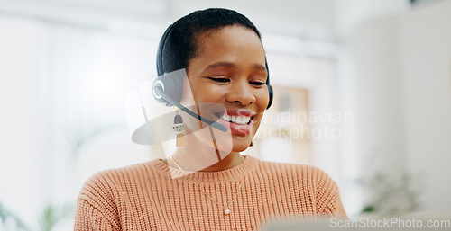 Image of Customer service face, laptop and professional happy woman conversation on telemarketing, consultation or tech support. Home, freelance remote work and telecom agent consulting on lead generation