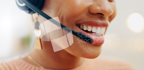 Image of Call center headset, mouth or business person conversation on telemarketing, consultation or technical support. Help desk closeup, administration receptionist and agent consulting on lead generation