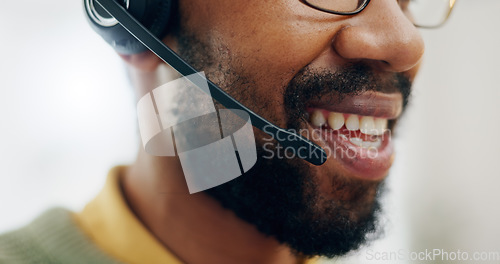 Image of Call center headset, mouth and professional man speaking on telemarketing, sales pitch or customer care support. Help desk closeup, communication microphone and agent consulting on advisory service