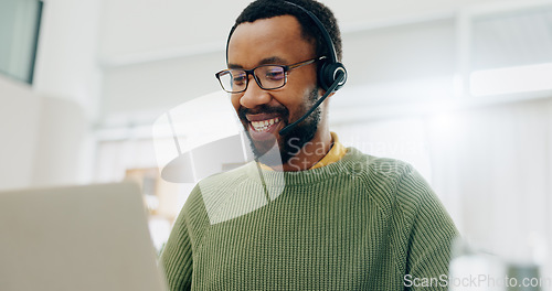 Image of Customer service laptop, happy and professional black man conversation on telemarketing, consultation or tech support. Home, freelance remote work and African consultant smile for lead generation