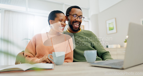 Image of Coffee, video call and happy woman at home on a living room sofa with a man and hot drink. Couple, laptop and smile with communication and conversation together with love and support on a couch