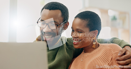 Image of Home laptop, smile and black couple reading online shop discount, social network post or relationship news website. Network connection, computer and African people search internet, web or media page